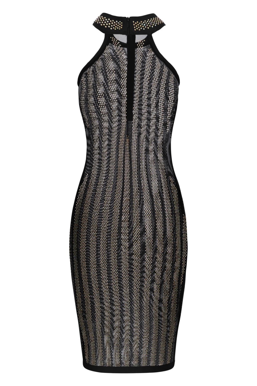 Xtra Black Crystal Iridescent Rhinestone Sheer Mesh Midi Bodycon Dress