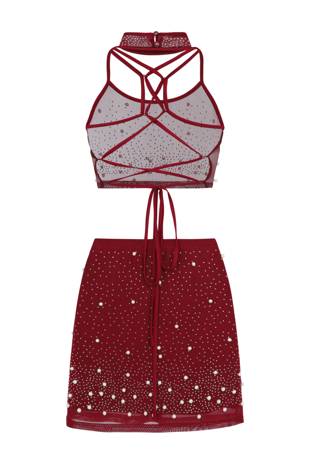 Caution Vip Berry Rhinestone & Pearls Two Piece Skirt Top Co Ord Set