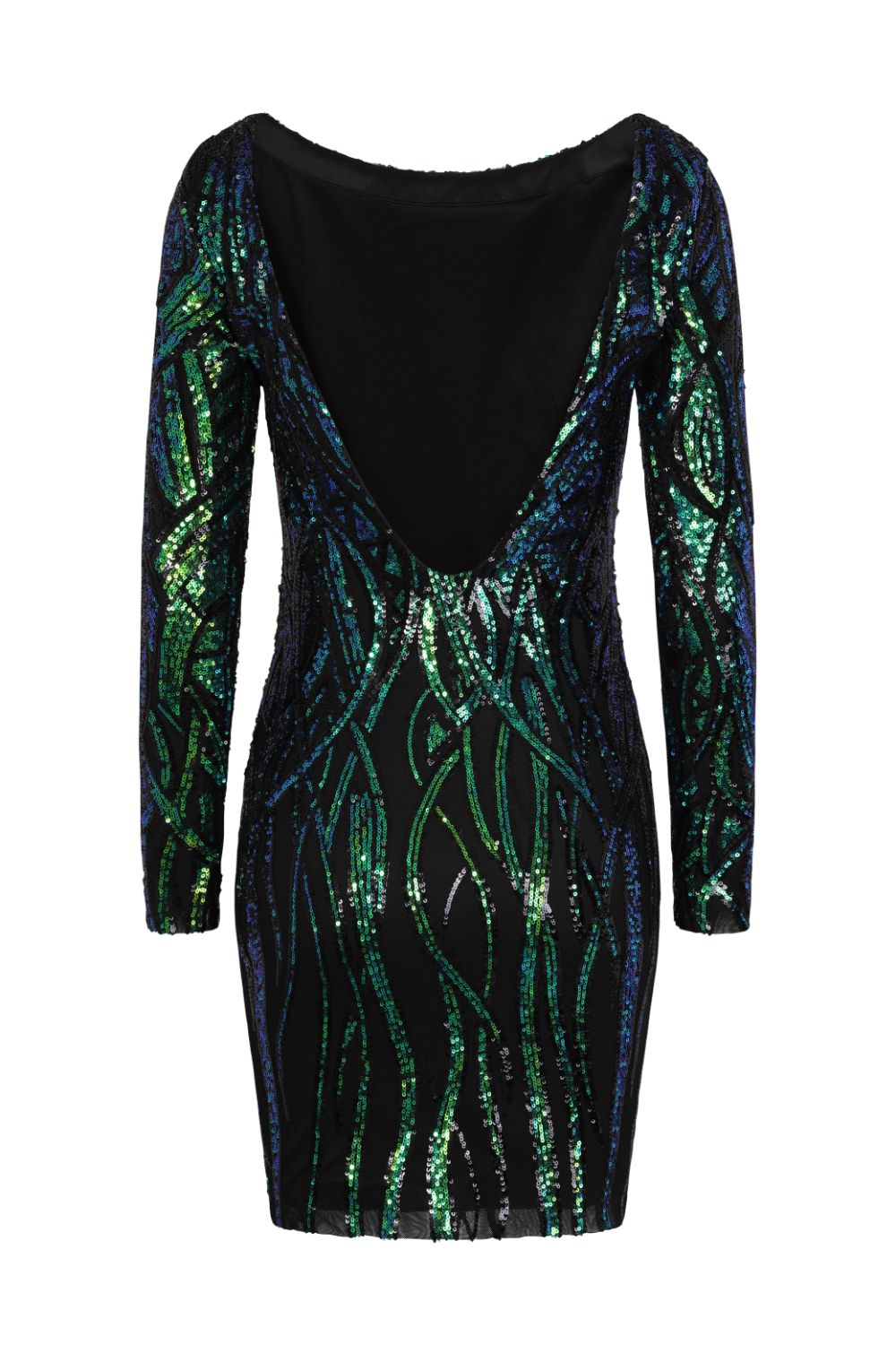Fortune Black Green Luxe Illusion Sequin Long Sleeve Open Back Midi Dress