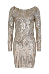 Fortune Silver Gold Luxe Illusion Sequin Long Sleeve Open Back Midi Dress
