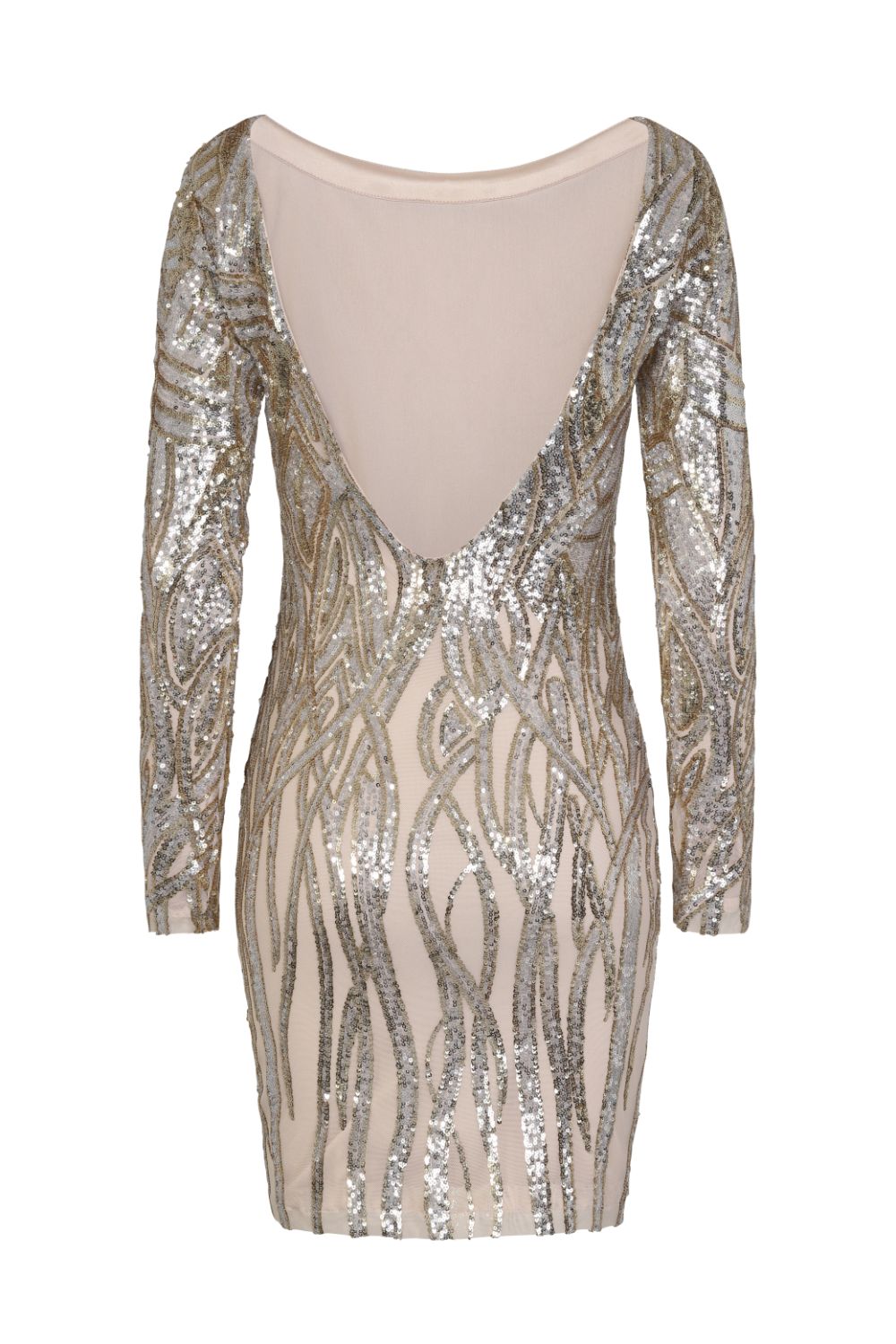 Fortune Silver Gold Luxe Illusion Sequin Long Sleeve Open Back Midi Dress