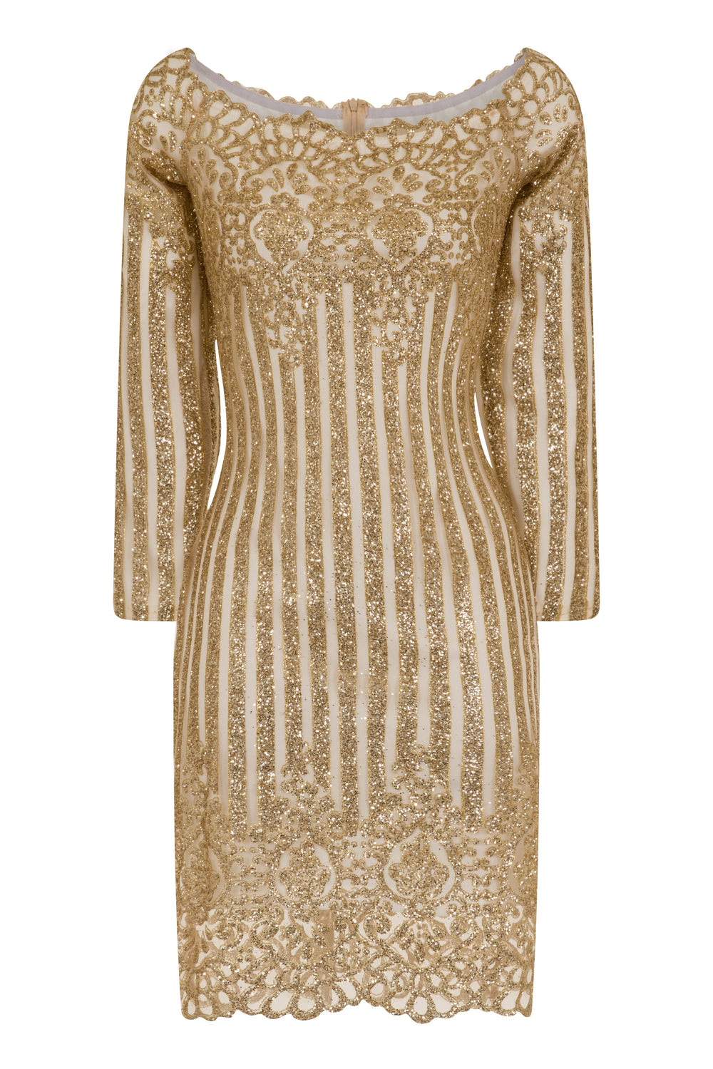 Amelia Bardot Sparkle Glitter White & Gold Victorian Dress