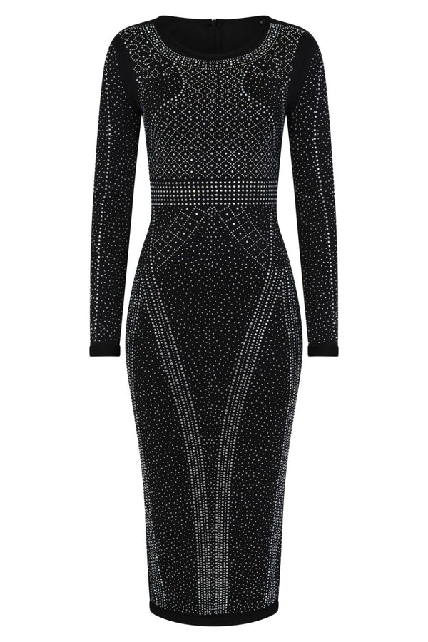 Luxor Black Caviar Crystal Rhinestone Bodycon Midi Dress