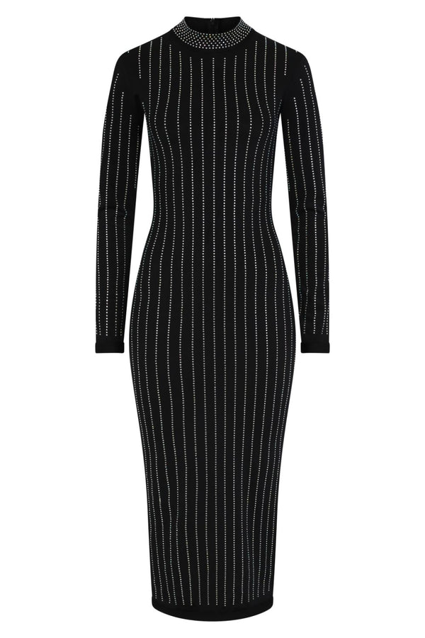 Drama Black Crystal Rhinestone Mock Neck Bodycon Midi Dress