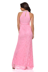 Gisele Pink Lace High Neck Jewel Fishtail Dress