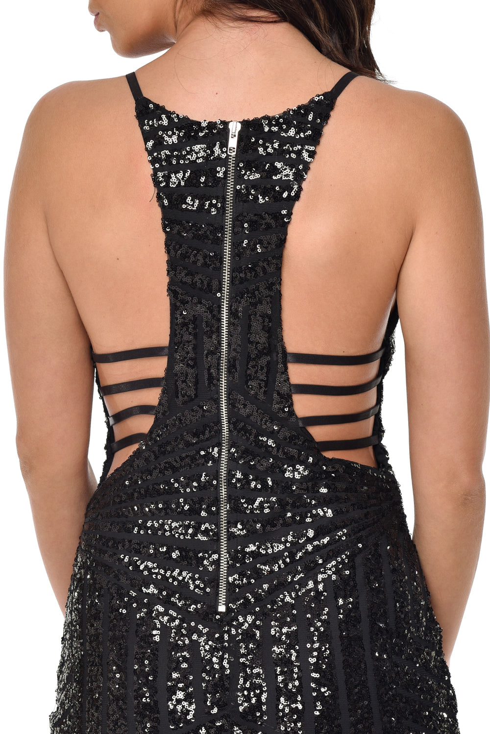 Lulu Black Geometric Sequin Plunge Dress