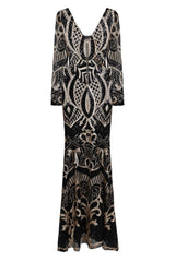 Crown Black Gold Vip Luxe Illusion Sequin Embellished Fishtail Dress