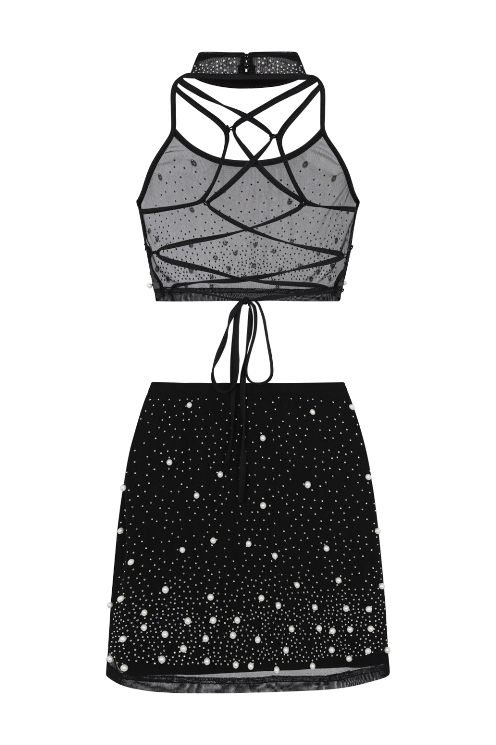 Caution Vip Black Rhinestone & Pearls Two Piece Skirt Top Co Ord Set