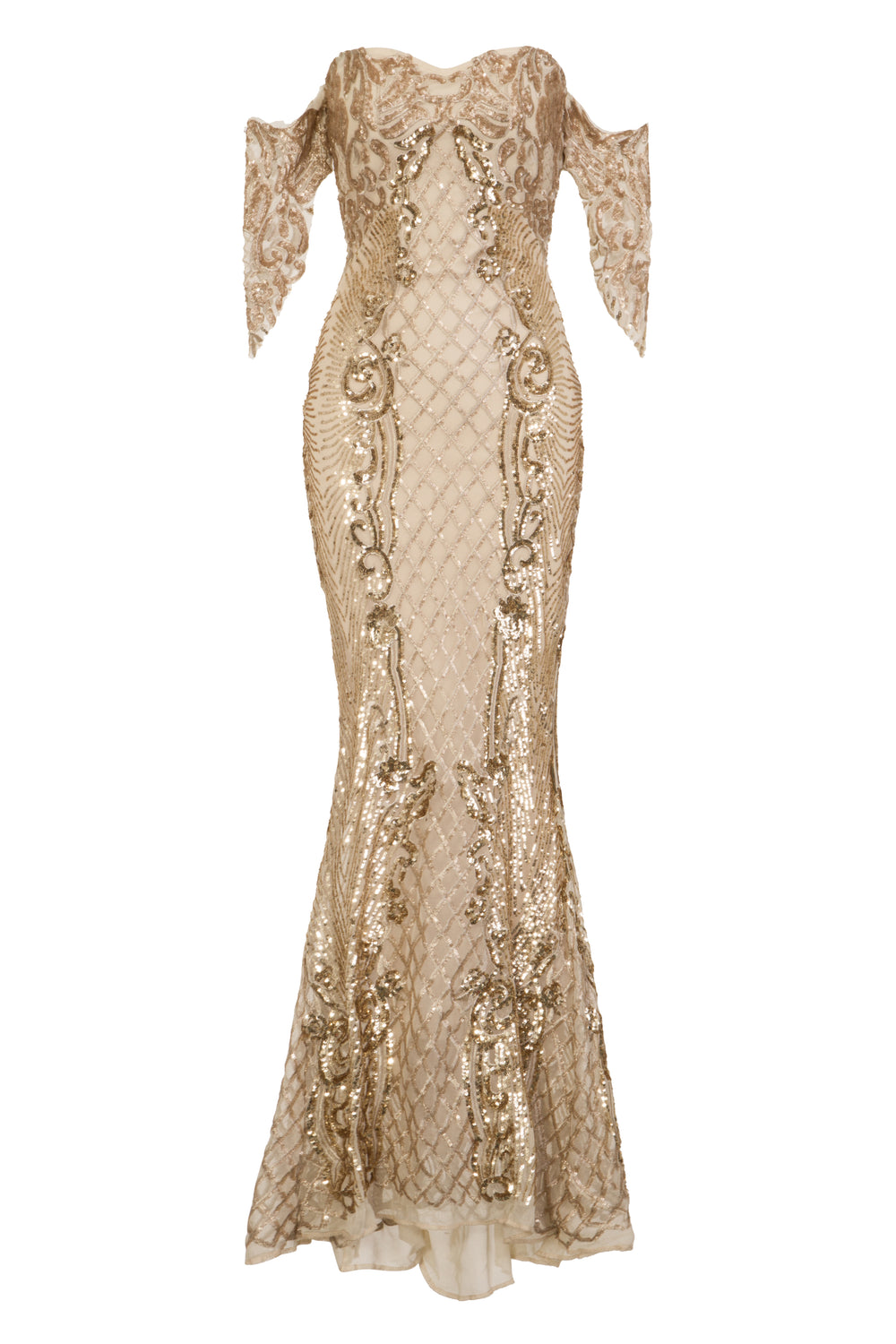 Royalty Vip Nude Gold Sequin & Embroidery Bardot Fishtail Mermaid Dress