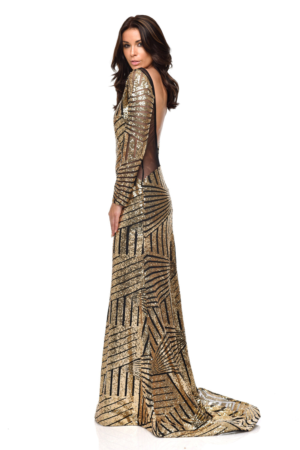 Penelope Gold Geometric Sequin Backless Mesh Fishtail Maxi Dress