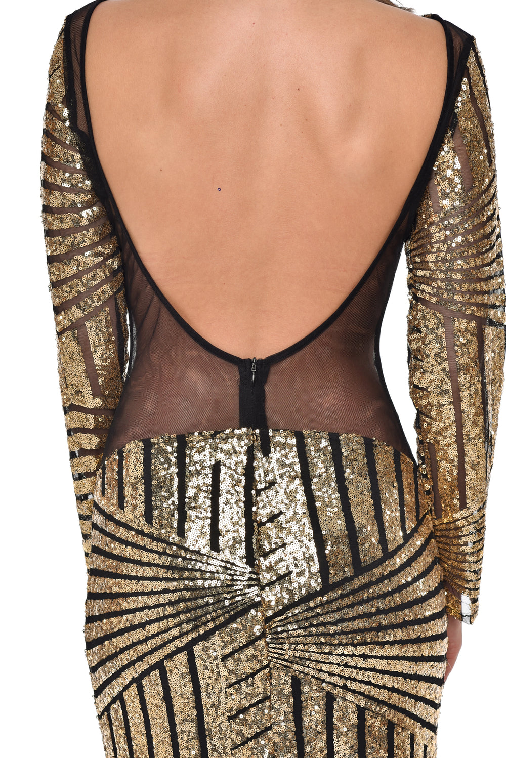 Penelope Gold Geometric Sequin Backless Mesh Fishtail Maxi Dress