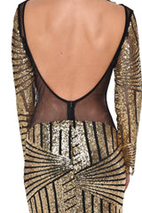 Penelope Gold Geometric Sequin Backless Mesh Fishtail Maxi Dress