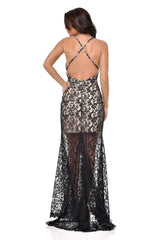 Claudia Black Sheer Lace Applique Fishtail Maxi Dress
