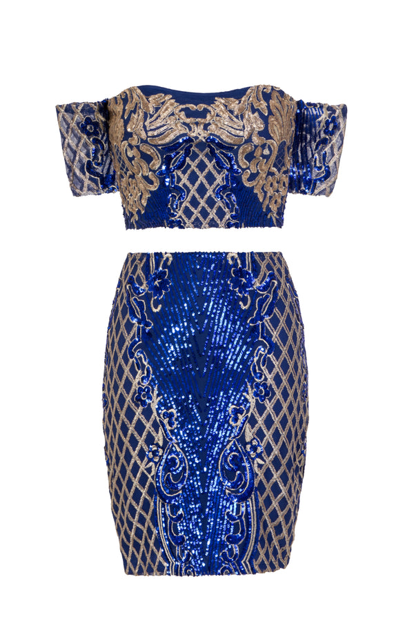 Baddie Vip Blue Gold Sequin & Embroidery Two Piece Skirt Top Co Ord Set