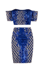 Baddie Vip Blue Gold Sequin & Embroidery Two Piece Skirt Top Co Ord Set