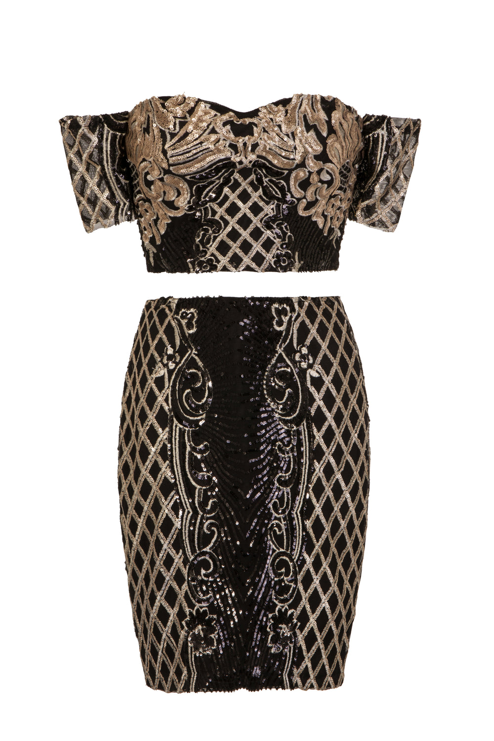 Baddie Vip Black Gold Sequin & Embroidery Two Piece Skirt Top Co Ord Set