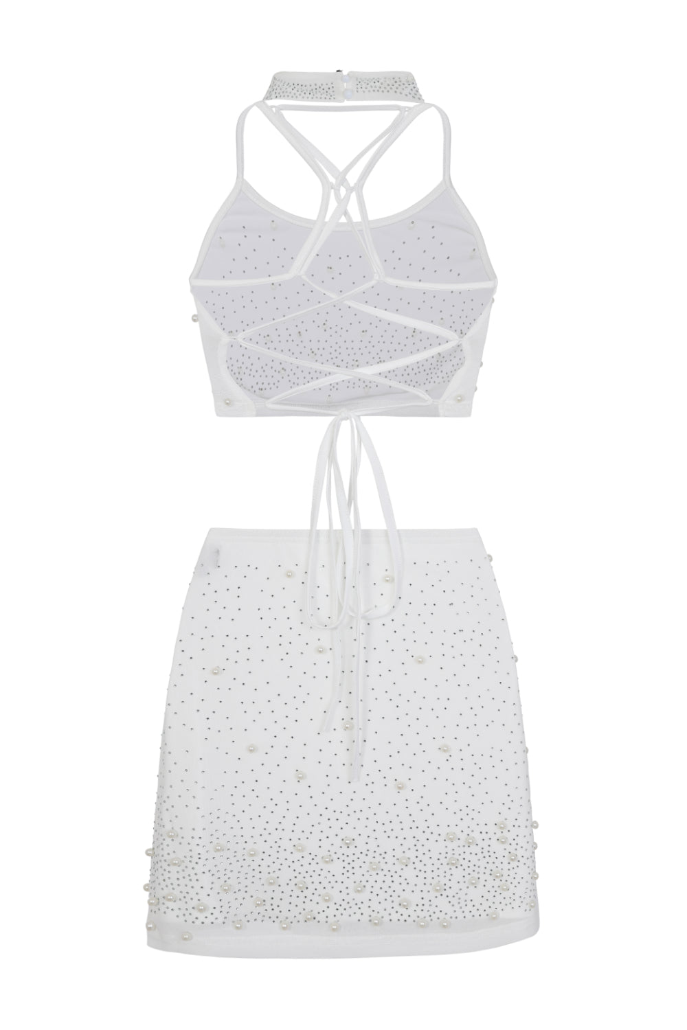 Caution White VIP Rhinestone & Pearls Embellished Skirt Top Two Piece Set