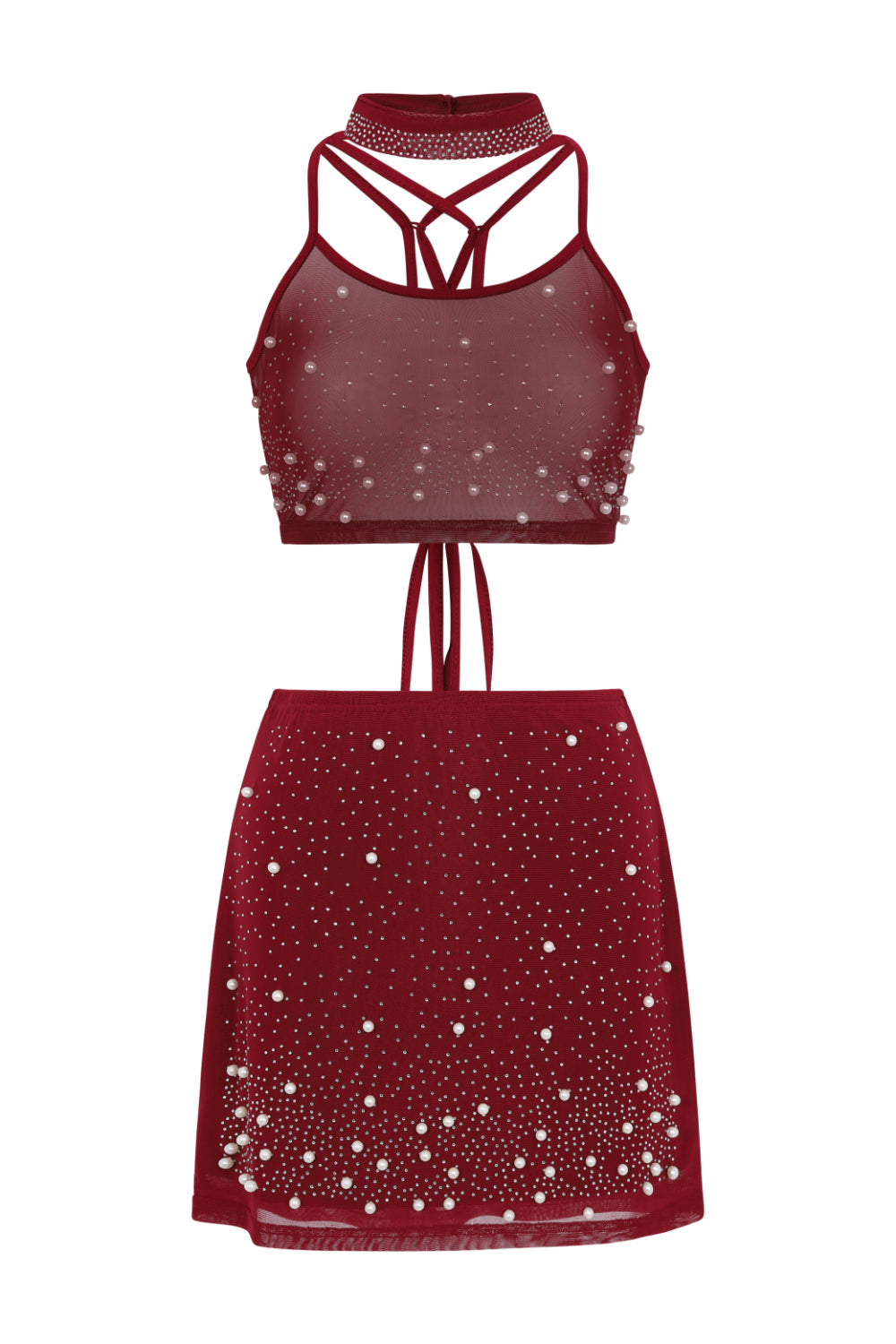 Caution Vip Berry Rhinestone & Pearls Two Piece Skirt Top Co Ord Set