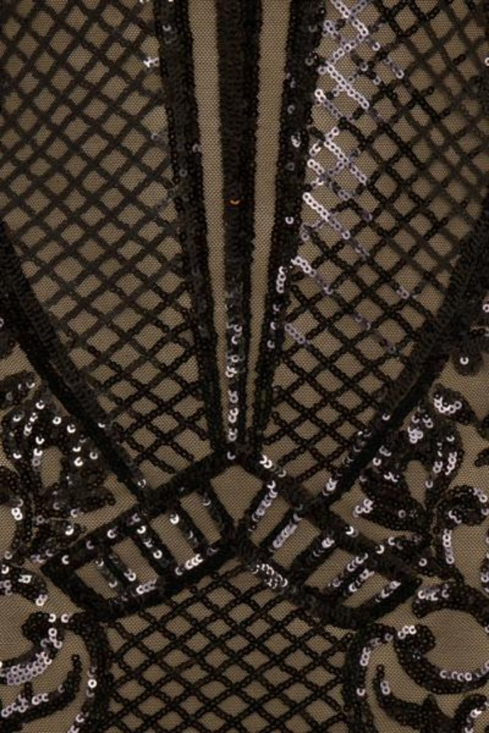 Valentina Black Luxe Brocade Sequin Plunge Feather Dress
