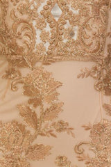 Heidi Nude Keyhole Gold Floral Lace Embroidery Scallop Midi Dress
