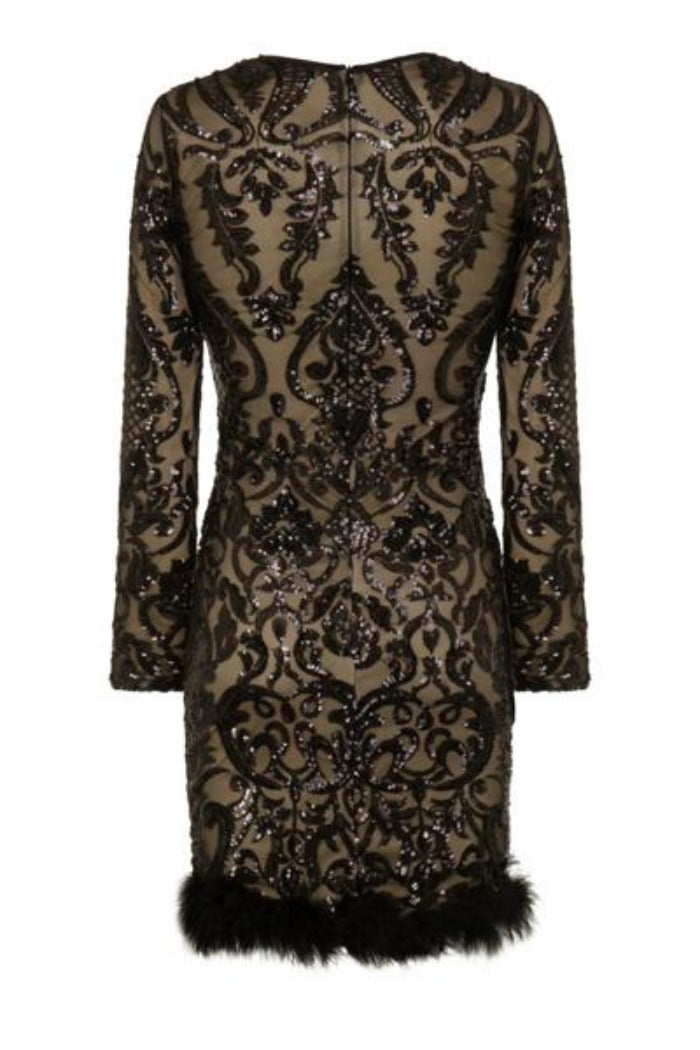 Valentina Black Luxe Brocade Sequin Plunge Feather Dress