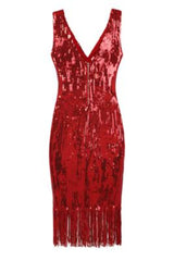 Own It Red Mirror Sequin Tassel Fringe Hem Midi Dress