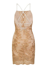 Heidi Nude Keyhole Gold Floral Lace Embroidery Scallop Midi Dress