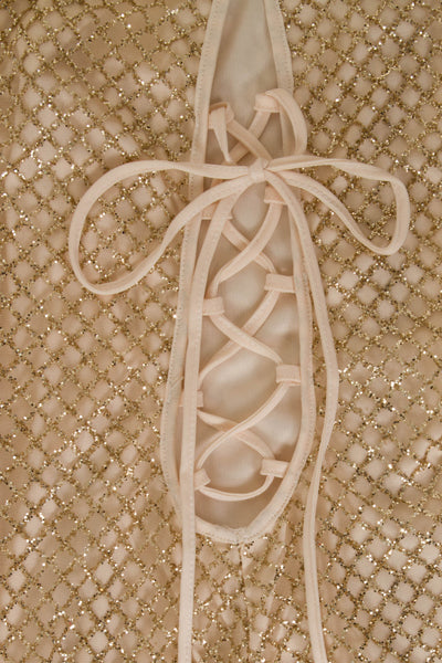 Gigi Gold & Nude High Neck Tie Side Shimmer Sparkle Maxi Dress
