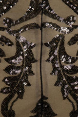 Valentina Black Luxe Brocade Sequin Plunge Feather Dress