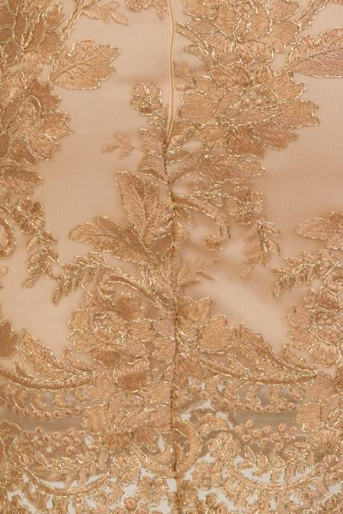 Heidi Nude Keyhole Gold Floral Lace Embroidery Scallop Midi Dress