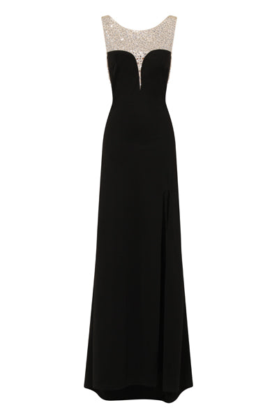 Seska Black Crystal Plunge Thigh Split Fishtail Maxi Dress