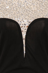 Seska Black Crystal Plunge Thigh Split Fishtail Maxi Dress