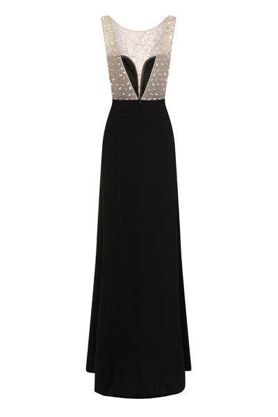 Seska Black Crystal Plunge Thigh Split Fishtail Maxi Dress