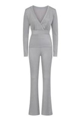Elexis Silver Glitter Metallic Co Ord Tie Top Flare Trouser Set
