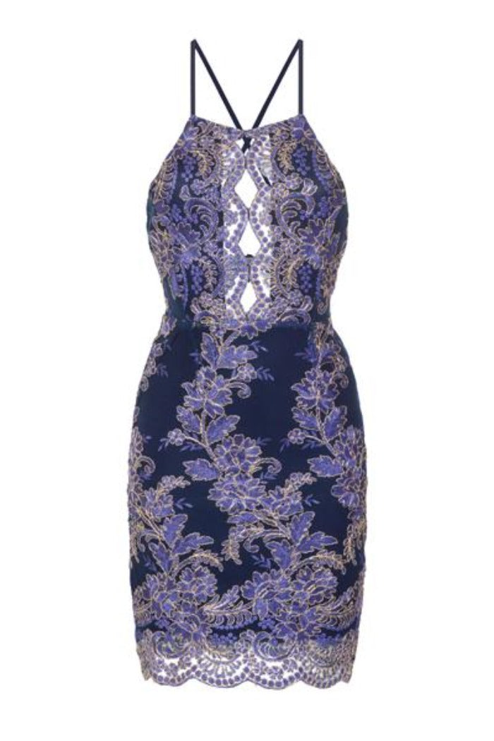 Heidi Navy Blue Keyhole Floral Lace Embroidery Scallop Midi Dress