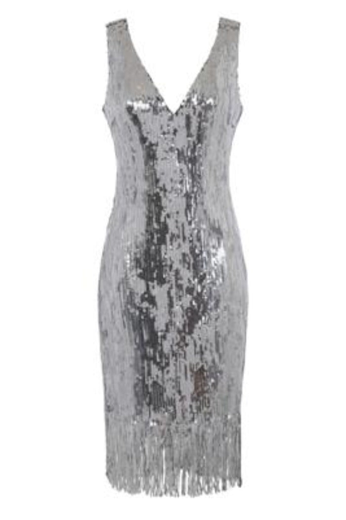 Own It Silver Mirror Sequin Tassel Fringe Hem Midi Dress