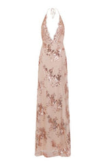 Gala Rose Gold Plunge Halterneck Floral Sequin Thigh Slit Maxi Dress