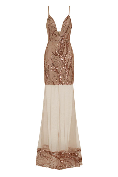 Tatiana Rose Gold Sheer Mesh Sequin Plunge Maxi Gown Dress