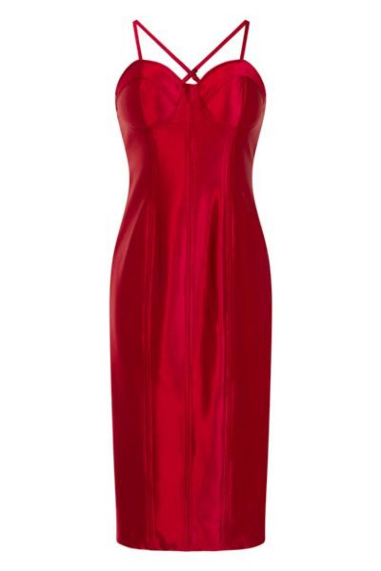 Liquid Red Bustier Slinky Satin Bodycon Midi Dress