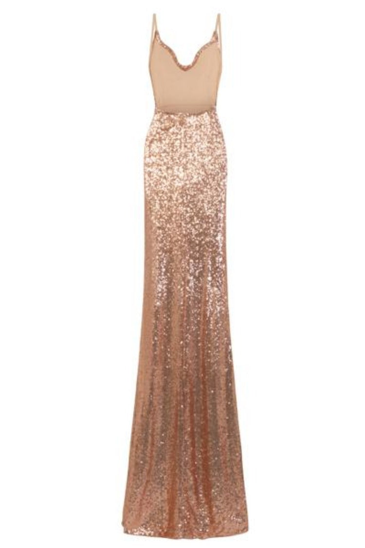 Saint Rose Gold Cowl Plunge Sequin Slinky Side Slit Fishtail Dress