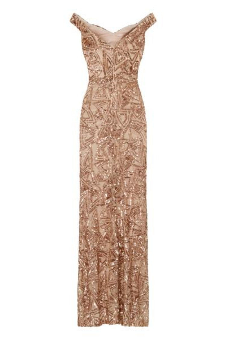 Amira Nude Luxe Love Triangle Sequin Off The Shoulder Maxi Dress
