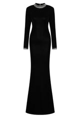 Yasmine Black Velvet Embellished Diamante Long Sleeve Maxi Dress