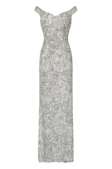 Amira Silver Luxe Love Triangle Sequin Off The Shoulder Maxi Dress