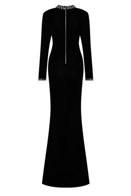 Yasmine Black Velvet Embellished Diamante Long Sleeve Maxi Dress