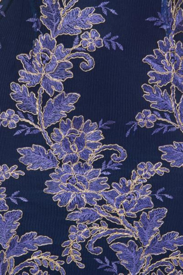 Heidi Navy Blue Keyhole Floral Lace Embroidery Scallop Midi Dress