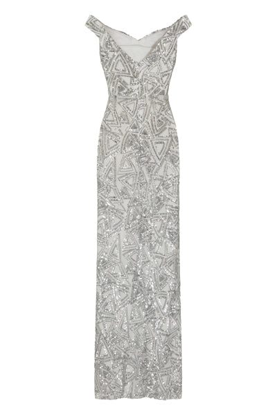 Amira Silver Luxe Love Triangle Sequin Off The Shoulder Maxi Dress