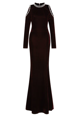 Wanderlust Berry Velvet Pearl & Diamante Cold Shoulder Maxi Dress