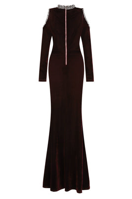 Wanderlust Berry Velvet Pearl & Diamante Cold Shoulder Maxi Dress