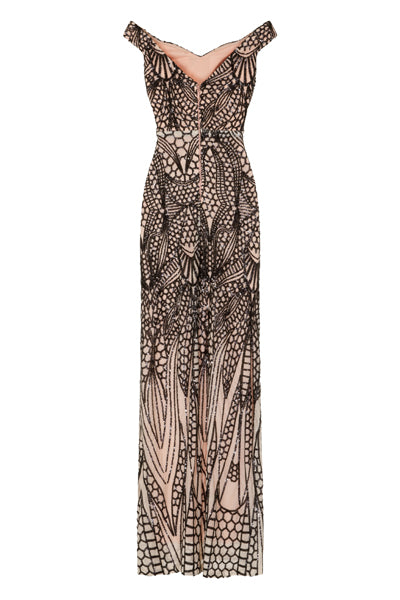 Ariella Nude Premium Illusion Sequin Bardot Mermaid Maxi Dress