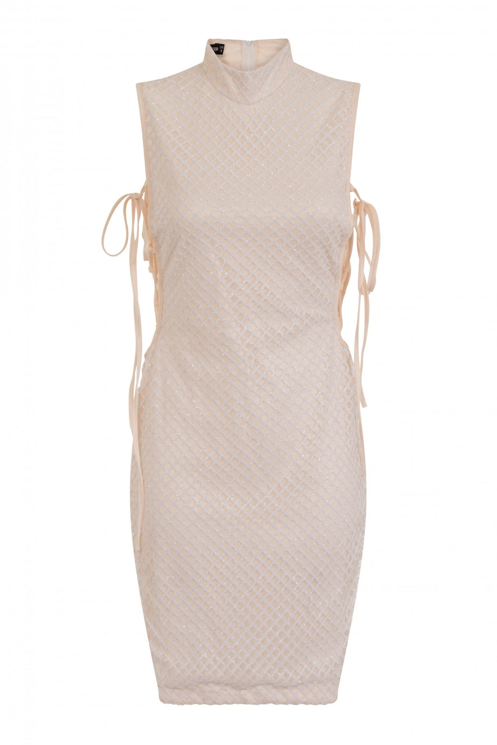 Rena White & Nude High Neck Tie Side Shimmer Sparkle Dress